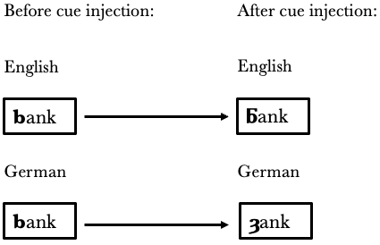 Figure 1: Illustration of language cues applied to a shared homograph before tokenizer training.